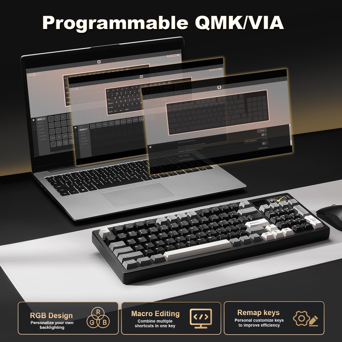 YUNZII IF99 Wireless Mechanical Gaming Keyboard with Smart LCD Display, QMK/VIA Programmable BT/2.4G/USB-C Gasket Mounted Hot Swap RGB 96% Layout for Mac/Win (Black, Cocoa Cream V2 Switch)