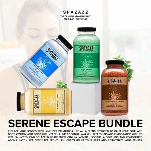 Hot Tub & Spa Bath Salt Aromatherapy Crystals Gift Set - Spazazz Escape Collection Bundle 4-Pack (22oz Each) - Lavender Palmarosa, Verbena Lime Coconut, Green Tea Peony, White Musk Vanilla Jasmine