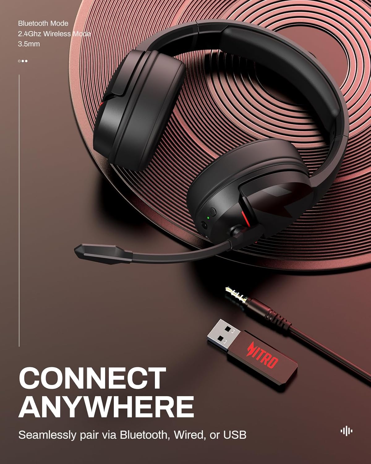acer Wireless Gaming Headset, PS5 Headset with 2.4GHz for Ps5, Ps4, PC, Switch, Bluetooth 5.3 + 100Hrs Gaming Headphones with Noise Canceling Mic for Laptop, Mobile, Mac, 50mm Drivers (Red)