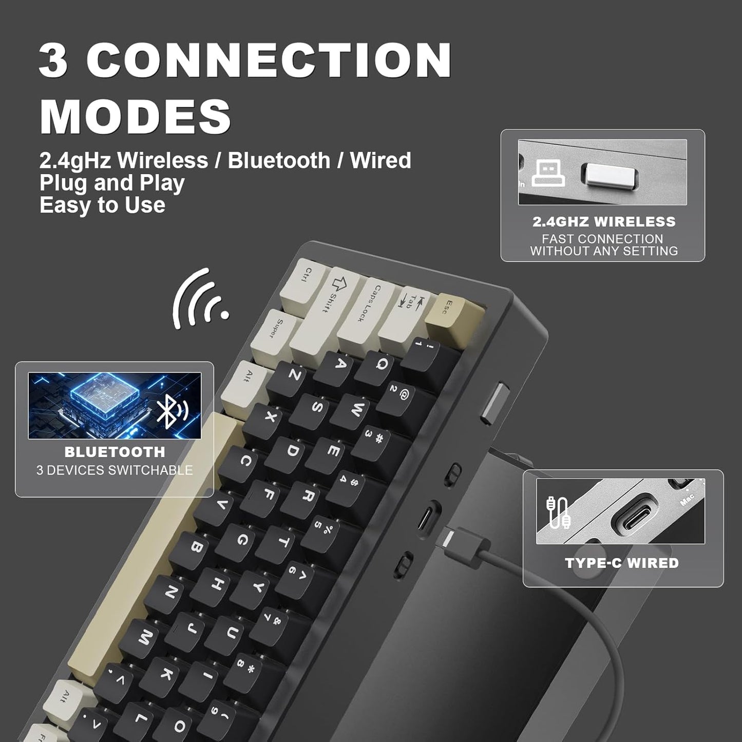YUNZII AL71 68% Mechanical Keyboard (Black, Crystal White Switch) and Full Keycap Set (Coffee Cat) Bundle