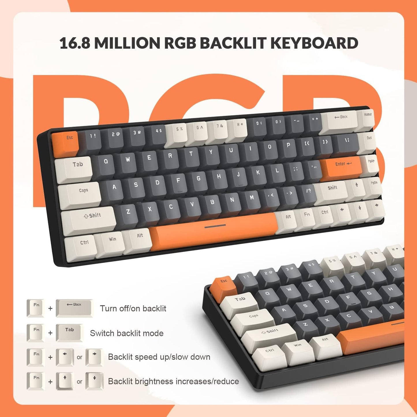ZIYOU LANG RK-T8 Wired 65% Mechanical Gaming Keyboard with RGB LED Backlit Anti-ghosting TKL Mini 68 Key Custom Coiled C to A Cable Linear Red Switch for PS4 PS5 Xbox PC Mac Gamer(Gray/White/Orange)