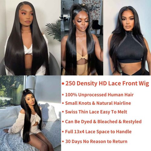 250% Density 13X4 HD Lace Front Wigs Human Hair Straight Lace Front Wigs Human Hair pre plucked Glueless Frontal Wigs for Women Natural Black (250 Density Straight Wig 18inch)