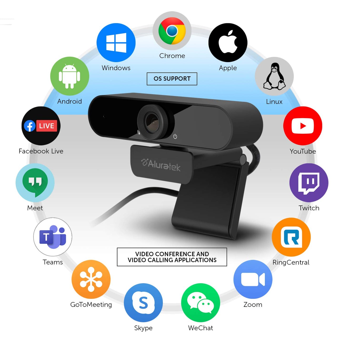 Aluratek HD 1080P Video Webcam (AWC03F) Full HD Webcam with Built-in Microphone, Autofocus, and Adjustable Clip Perfect for Streaming, Video Calls, and Online Meetings Video and Audio