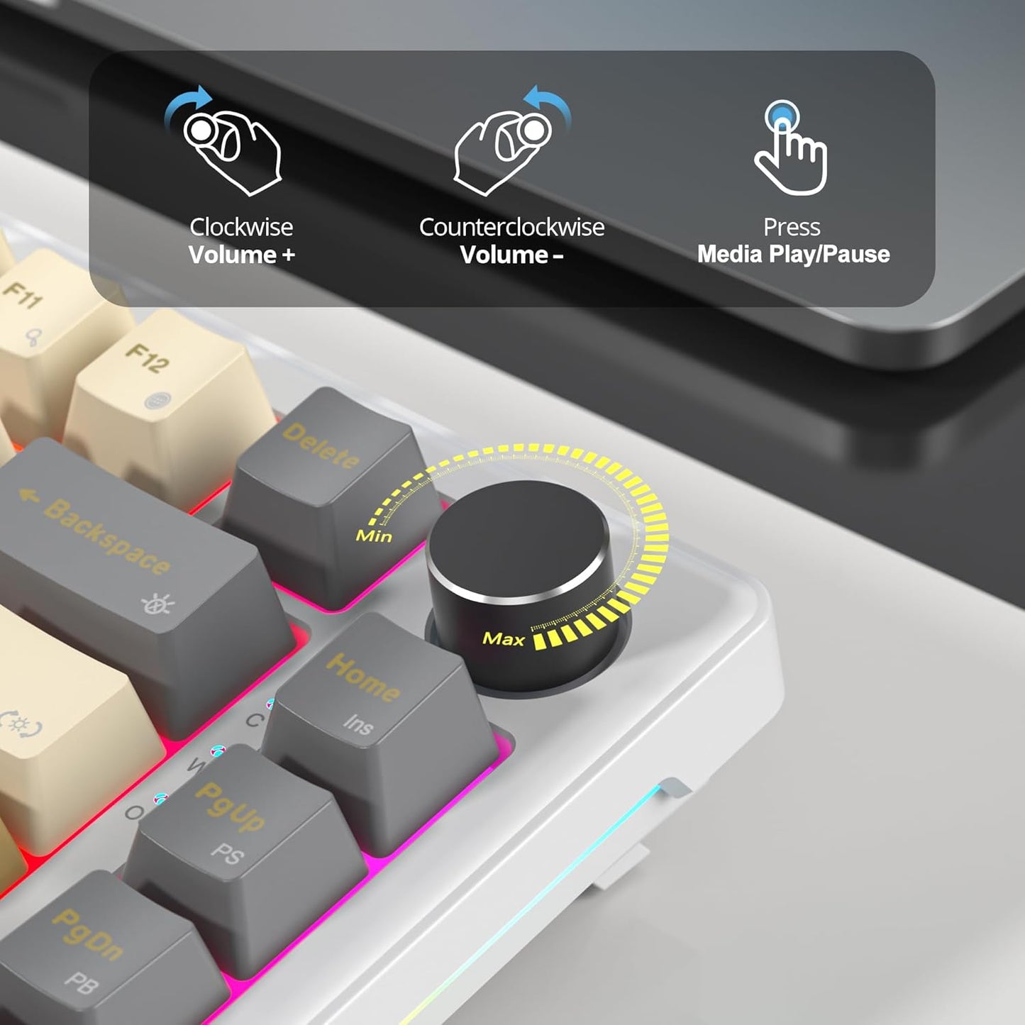 75% Mechanical Gaming Keyboard with Volumn Knob, Gasket Hot Swappable RGB, Wired, Red Switch, 82 Keys Compact Creamy (Black Grey)