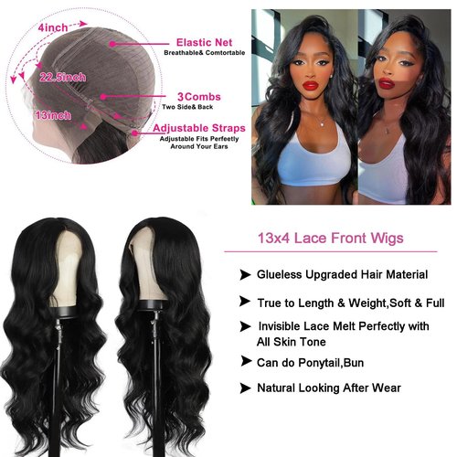 OiMiGO Natual Black Body Wave HD Lace Front Wigs Human Hair,180% Density Pre Plucked 13x6 Transparent Bleached Knots Wigs Brazilian Human Hair Lace Frontal Wigs Human Hair for Women (20Inch)