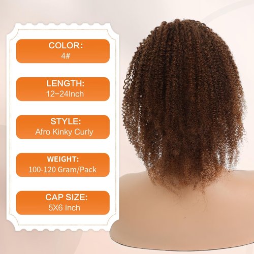 Afro Kinky Curly Ponytail Human Hair 150% Density Brazilian Virgin Hair 4C Afro Puff Drawstring Ponytail Extension for Black Women Dark Brown Color (22 Inch 4#)
