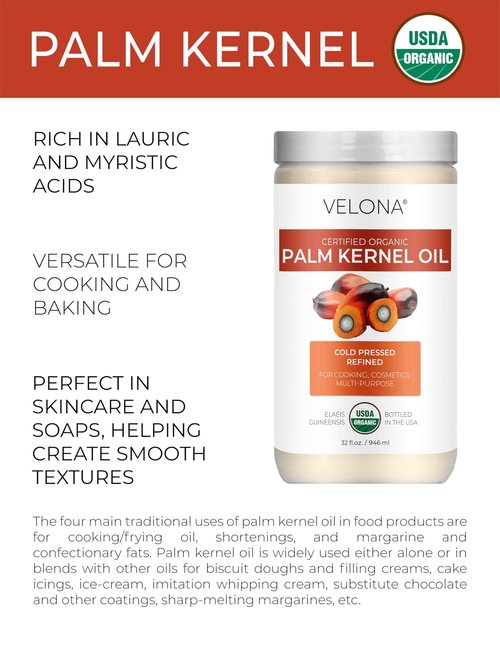velona USDA Certified Organic Palm Kernel Oil - 64 Fl Oz | 100% Pure and Natural Carrier Oil | Refined, Cold Pressed | Face, Hair, Body & Skin Care | Use Today - Enjoy Results