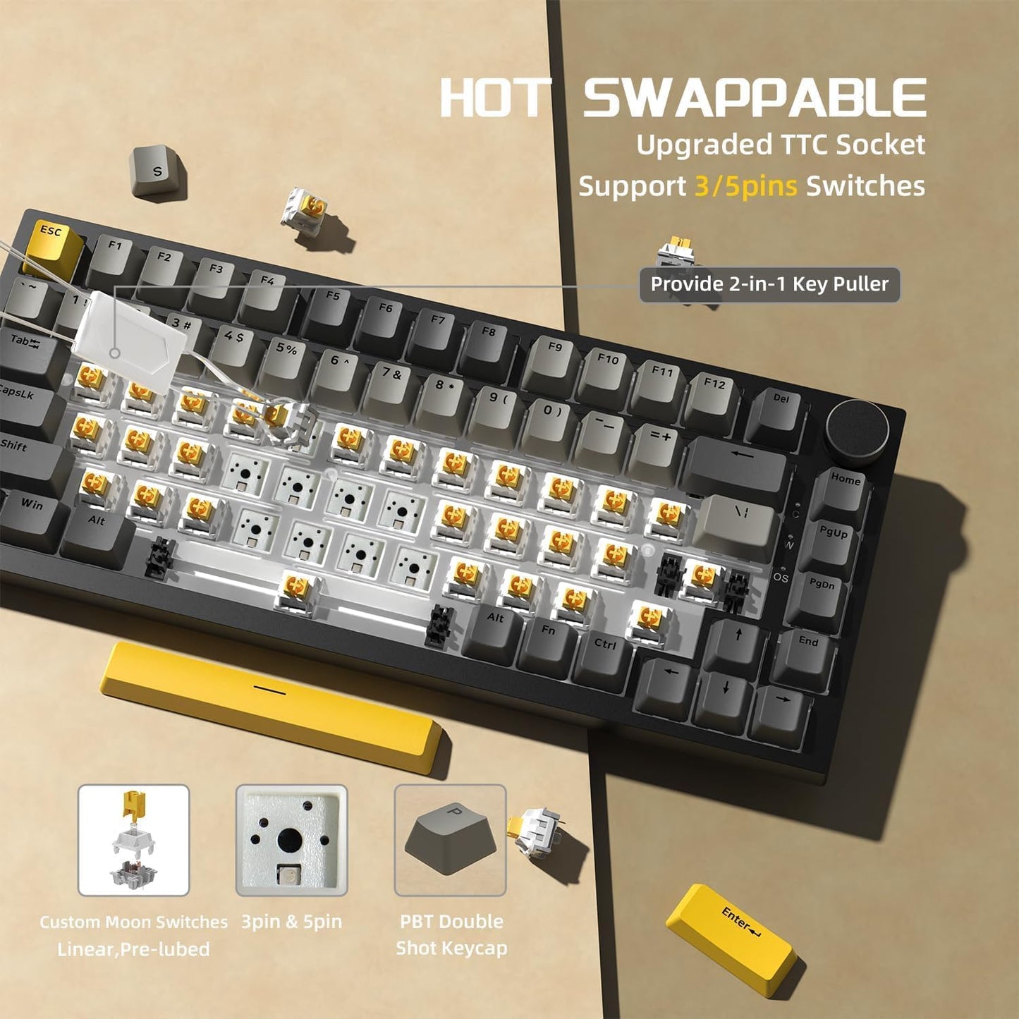 Attack Shark ajazz AK820 Pro 75% Mechanical Keyboard and Coiled Cable Hot Swappable Wireless 2.4GHz/Bluetooth/Wired TFT Screen & Knob Flying Fish Switch RGB Gasket Mount Custom Keyboard-Black