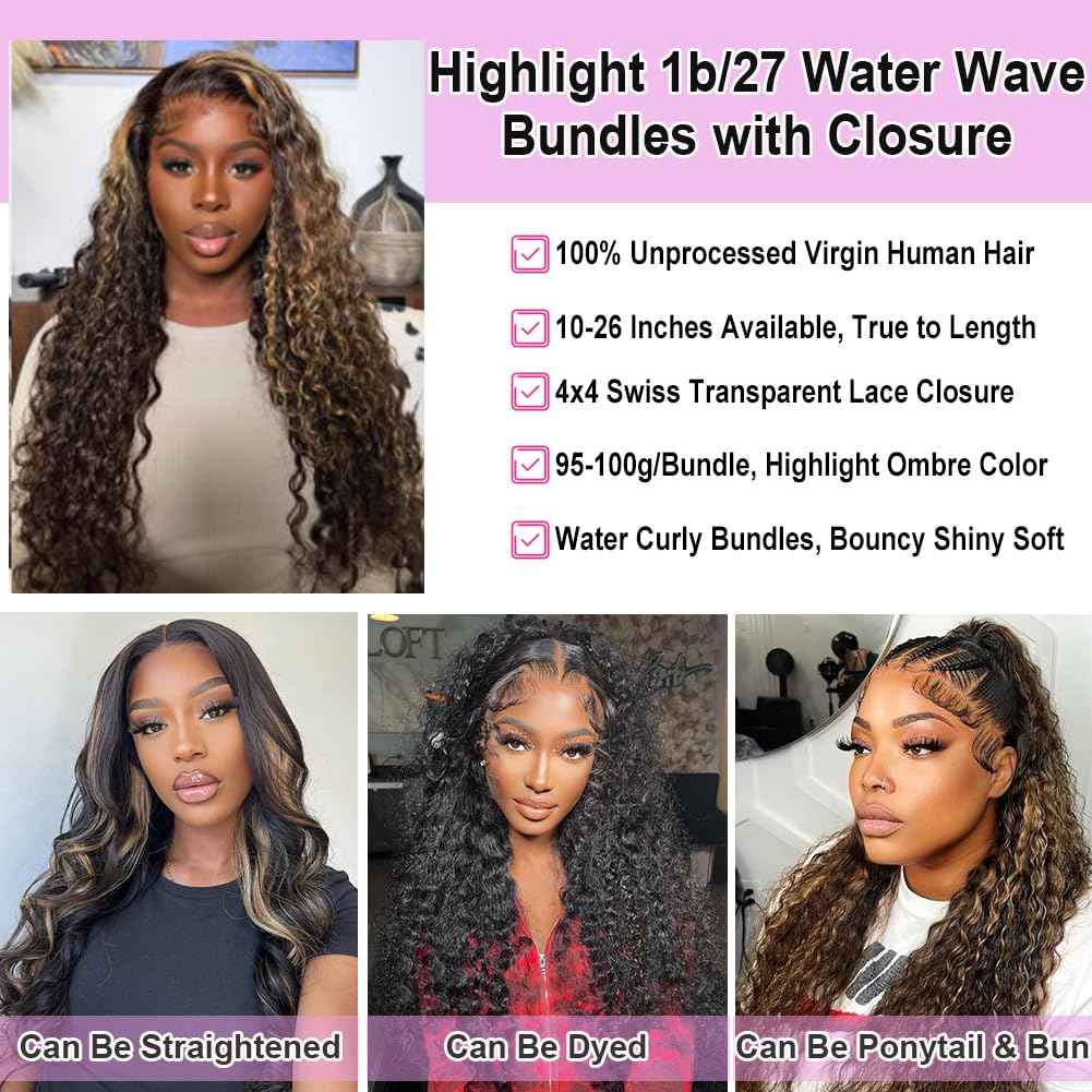 Highlight Water Wave Bundles with Closure Human Hair Honey Brown Balayage Curly Wave Human Hair Bundle 1B/27 Colored 3 Bundles with 4x4 HD Lace Closure Free Part (14 16 18+12)
