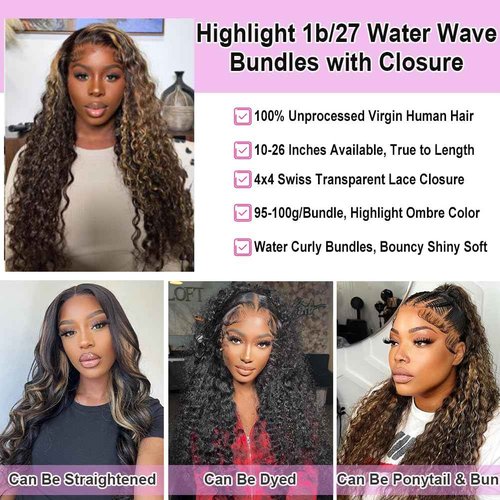 Highlight Water Wave Bundles with Closure Human Hair Honey Brown Balayage Curly Wave Human Hair Bundle 1B/27 Colored 3 Bundles with 4x4 HD Lace Closure Free Part (10 12 14+10)