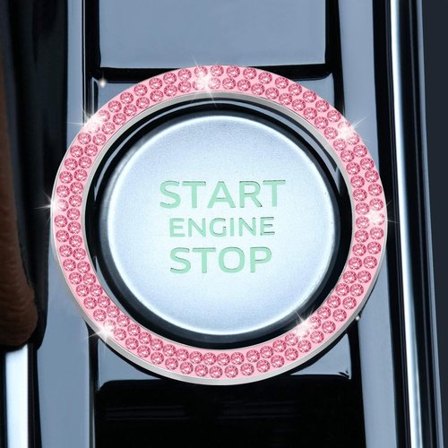 LivTee 2 PCS Crystal Double Rhinestone Car Engine Start Stop Decoration Ring, Bling Car Interior Accessories for Women, Push to Start Button Cover Sticker, Automotive Decals, Pink