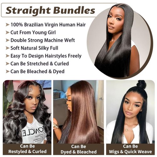 16 18 20 Inch Human Hair Bundles 12A Straight Bundles Human Hair 100% Unprocessed Brazilian Virgin Hair for Women Quick Weave Hair 3 Bundle Deals Hair Extensions Natural Black