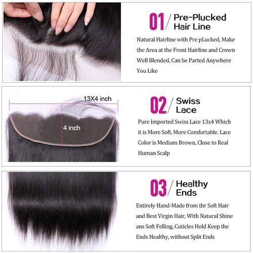 Brazilian Virgin Human Hair 100% Unprocessed Silky Straight lace Frontal With Baby Hair Remy Hair Ear to Ear Lace Closure Natural Black Color(16 Inch 13x4 frontal)