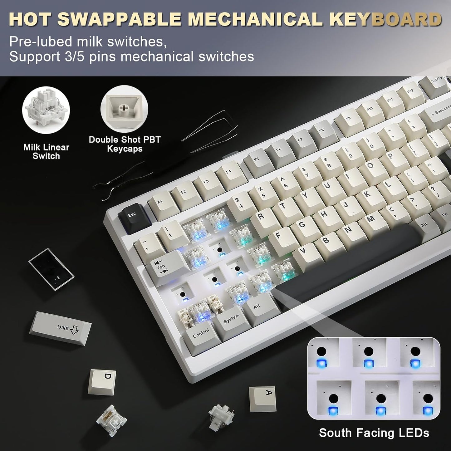 YUNZII YZ98 Gasket Mechanical Keyboard,99 Key Hot Swappable BT5.0/2.4G/USB-C Wireless NKRO 98% 1800 Layout with RGB LED Backlit for Linux/Win/Mac(Black, Cocoa Cream V2 Switch)