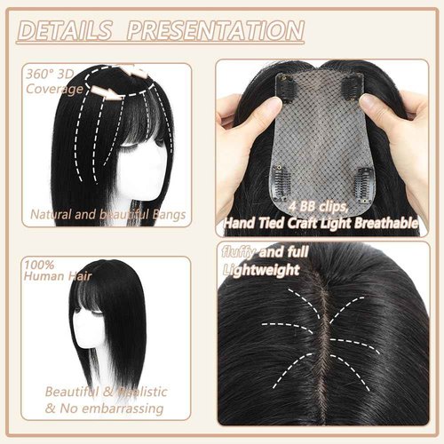 HVVZOY Hair Toppers for Women Real Human Hair,360°3D Big Basement Cover Topper for Women with Thinning Crown with Wispy Clip in Bangs Realistic Scalp (1B, 3D Wispy Bangs 14INCH)