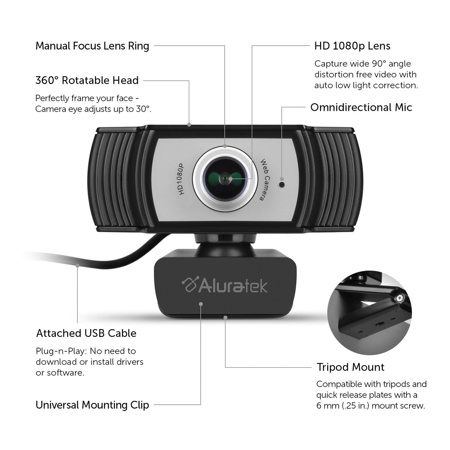 Aluratek HD 1080P Video Webcam (AWC04F) Full HD Webcam with Built-in Microphone, Autofocus, and Adjustable Clip Perfect for Streaming, Video Calls, and Online Meetings Video and Audio