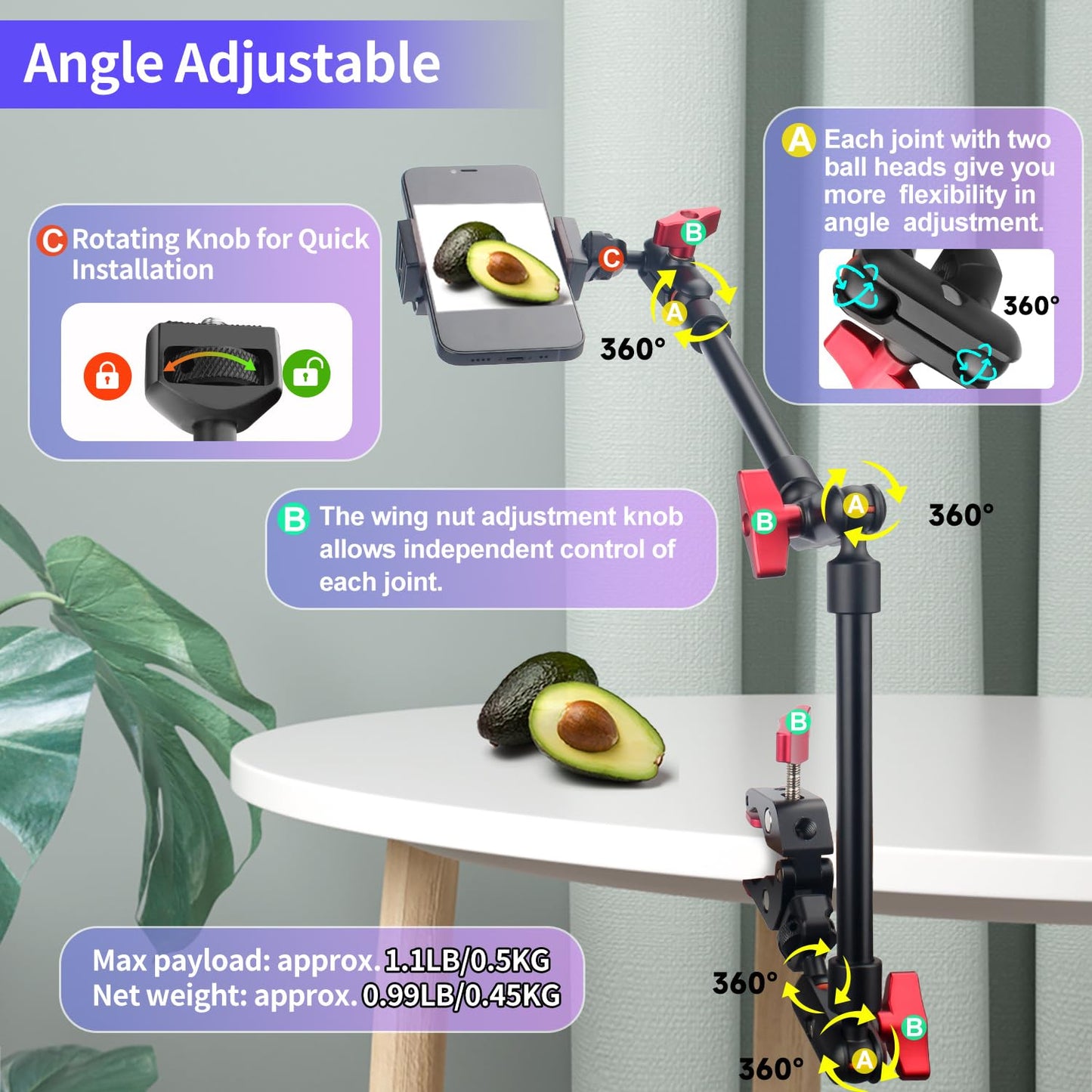 22" Magic Arm w Clamp Camera Mount, Overhead Phone Mount w Dual Ball Head Articulating Mic Boom Arm, 3/8" 5/8" Screw Adapters, Adjustable Camera Desk Mount Stand for Webcam Tripod Light Video Rig