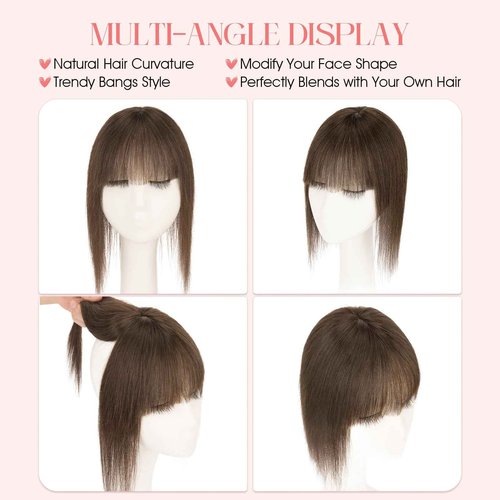 Hairro Mono Hair Toppers with Bangs, 3.4" x 3.4" Mono Base 100% Real Human Hairpieces for Women, 150% Density Clips In Topper for Greyish Thinning Hair, 20 Inch Cocoa Brown