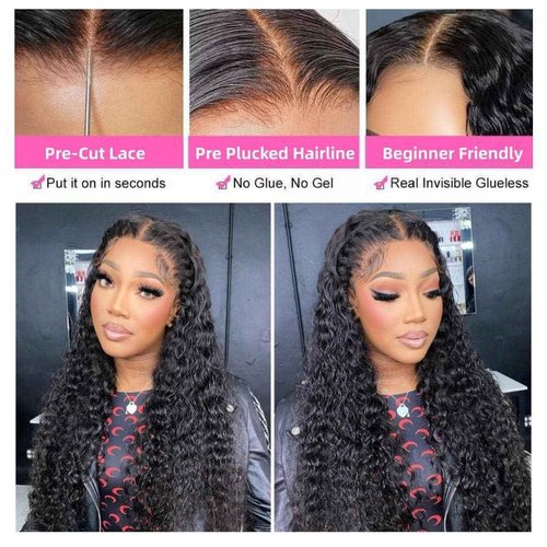 Potoki Glueless Wigs Human Hair Pre Plucked Pre Cut Deep Wave Lace Front Wigs 4x4 Closure Wigs 150% Density Natural Black Color (26 Inch)