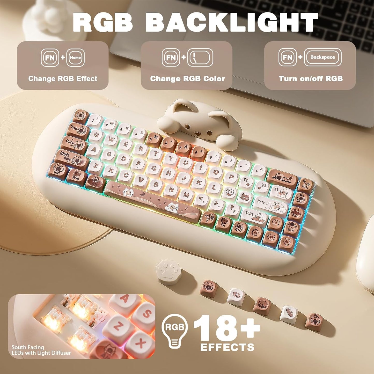 YUNZII C68 Wireless Mechanical Keyboard,65% Layout,Hot Swap,Triple Mode BT5.0/2.4G/Wired, RGB Backlit NKRO,Cute Cat Silicone Ergonomic Design for Win/Mac(Brown, Cocoa Cream V2 Switch)