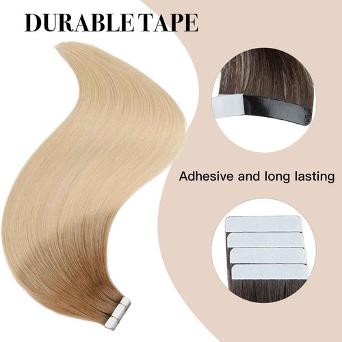 Tape in Hair Extensions ,Real Human Hair Extension,Bleach and Caramel Blonde Human Hair 22 inch 20pcs 50g,Thick Ends Straight Seamless, Invisible Tape in Hair Extensions Human Hair
