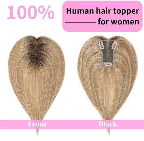 GULALUUK Hair Toppers for Women Real Human Hair 10 Inch Upgrade Swiss Lase Base Toppers Hairpieces with Thinning for Daily Wear (Ombre Light Blonde)