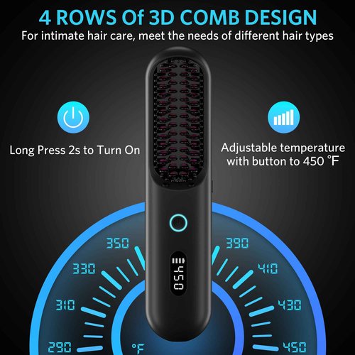 UPoetry Cordless Hair Straightener Brush – Portable Ionic Hot Comb with 65W Fast Charger, Mini Travel Hair Straightening Brush for Women, Lightweight for On-The-Go Styling (Black)