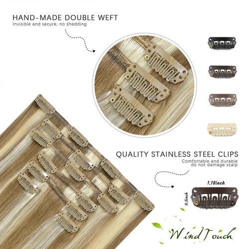 WindTouch Clip in Hair Extensions Real Human Hair #18P613 Mixed Bleach Blonde 70g 12 and 18 inch