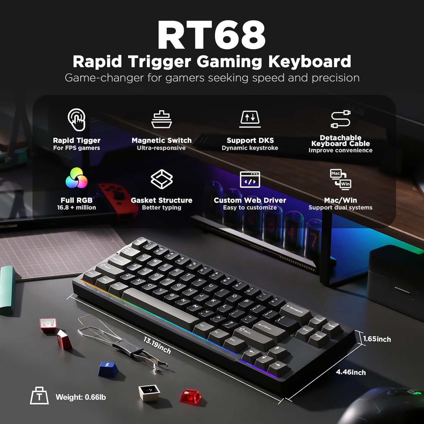 YUNZII RT68 Rapid Trigger Gaming Keyboard,Hall Effect Magnetic Switch,68 Keys,RGB Backlit RGB,Gasket Mount Hot Swap Struture,Adjustable Actuation TKL for Mac/Win(Beige, Outemu Switch)