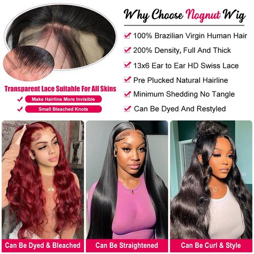 Nognut 13x6 Body Wave Lace Front Wigs Human Hair 200% Density Body Wave Lace Frontal Wigs Human Hair for Women Pre Plucked Glueless Wigs with Baby Hair 24 Inch