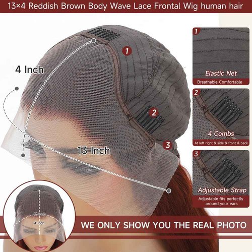 KEKEYY 28 Inch Reddish Brown Lace Front Wigs Human Hair Pre Plucked 200 Density Body Wave Lace Frontal Wig Human Hair 13x4 HD Lace Brown wig with baby hair