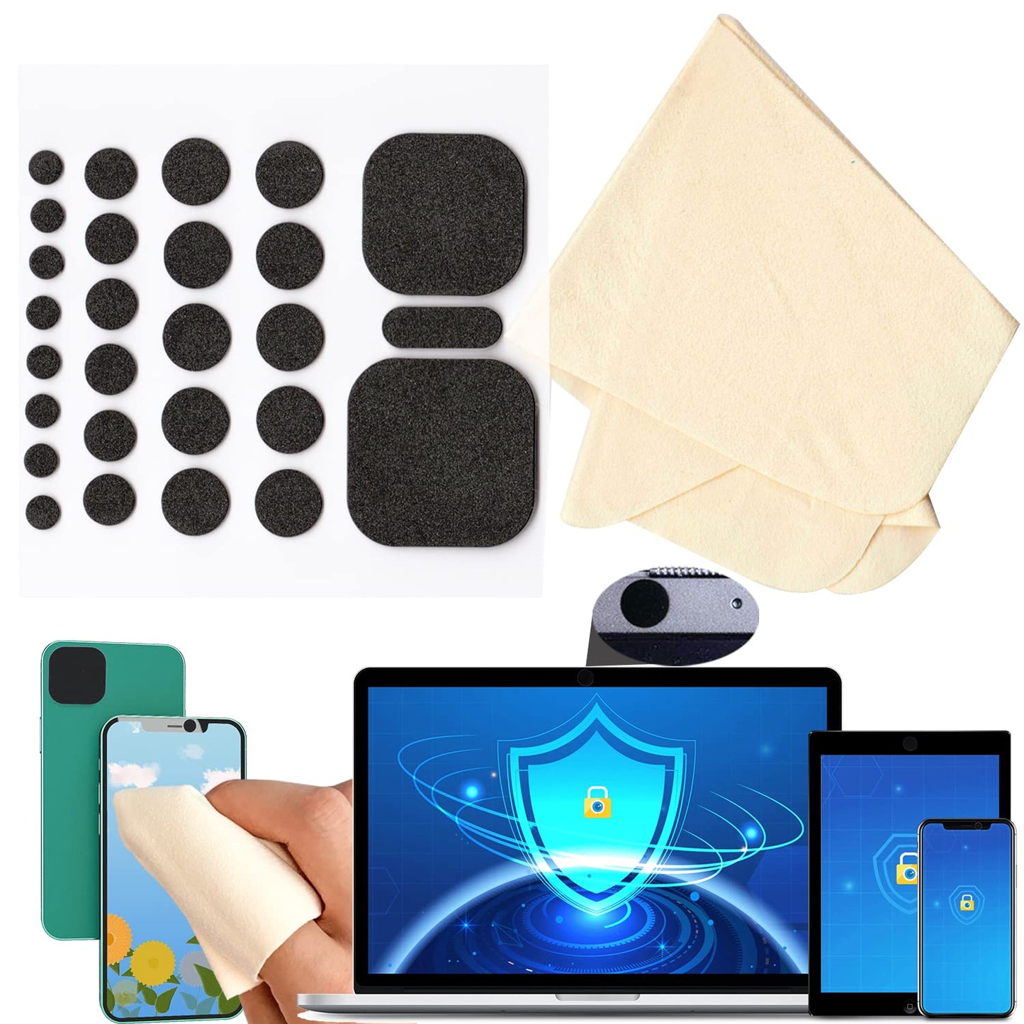 27 Pcs Nano Universal Webcam Covers - 5-Sizes for Every Size Webcam on Any Device -Reusable/Washed Multi-use – Protect Your Privacy and Prevent Lens Glass Breakage- 1 Microfiber Cleaning Cloth