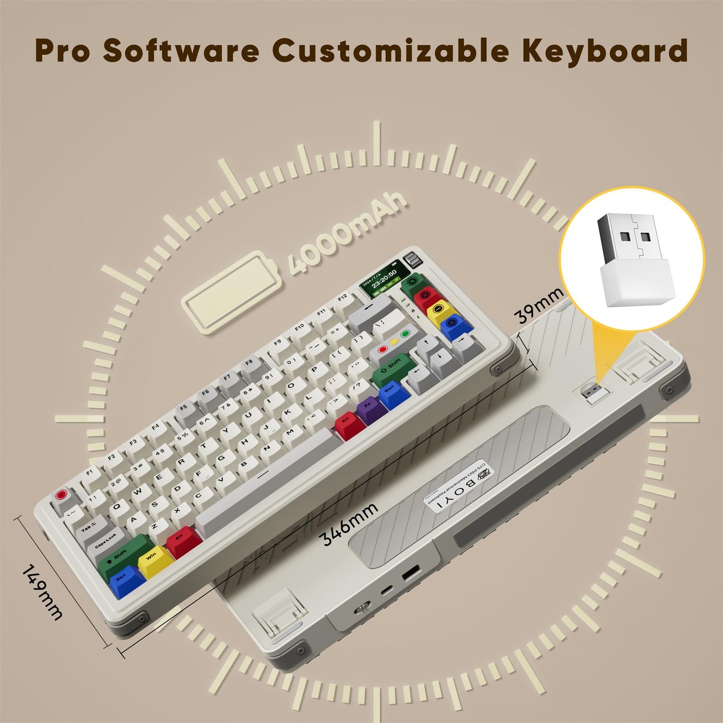 ZMX X BOYI C75Pro Retro Gaming Keyboard,75& Hot Swap Gasket-Mounted Wireless Bluetooth 5.0/2.4G Type-C Wired Custom RGB TKL Mechanical Keyboard with Screen&Knob for PC/Mac Gamer