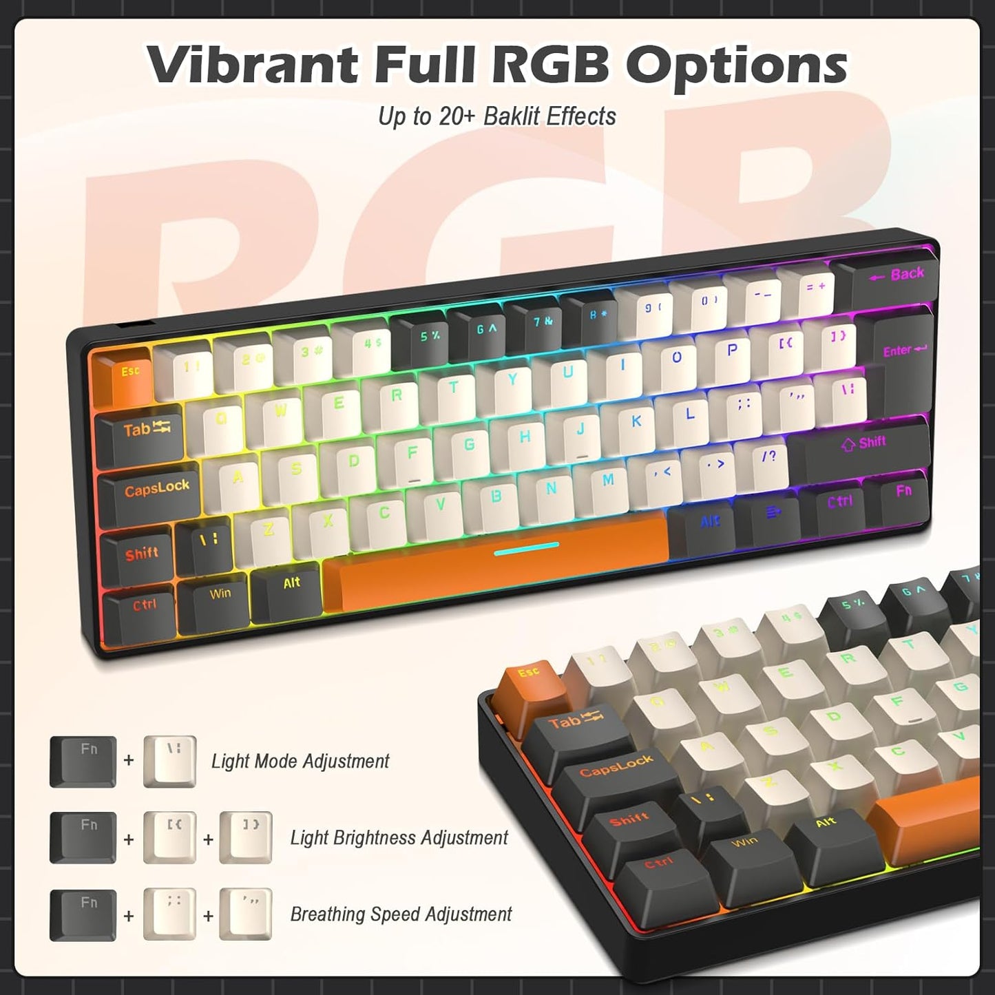 ZIYOU LANG RK-T60 Wired Mechanical Gaming Keyboard Mini Portable with Rainbow Backlit 62Key ABS Keycaps Full Anti-Ghosting Ergonomic Design Coiled Aviator Cable for PS4/PC/WIN Gamer(Blue/Red Switch)
