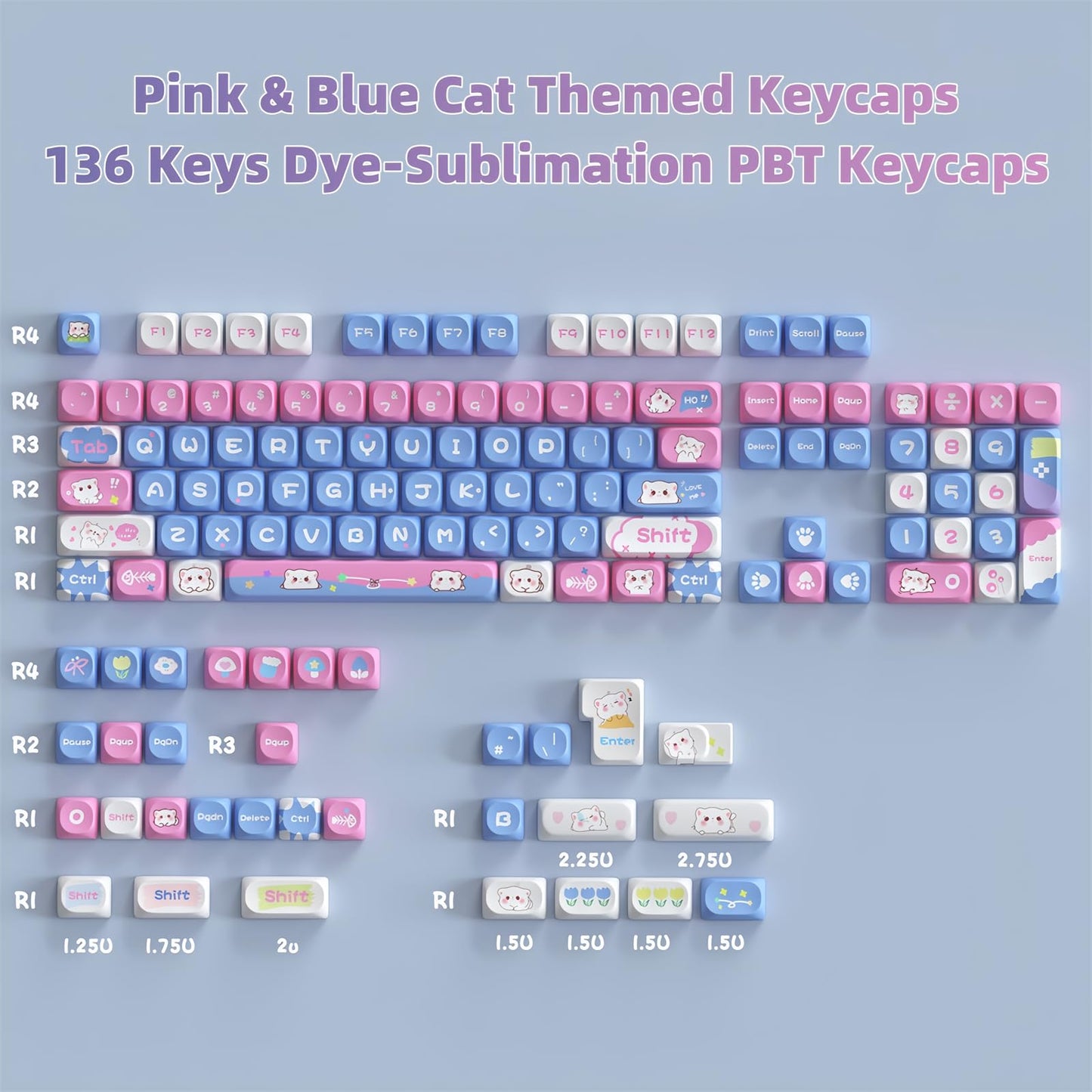 ZMX Cute Cat Keycaps,Kawaii PBT Dye-Sub Custom Keycaps SOA Profile 136 Keys Full Size Keycap Set for 60% 65% TKL Cherry MX Switch ANSI Layout Mechanical Gaming Keyboard Creamy Keycaps (02)