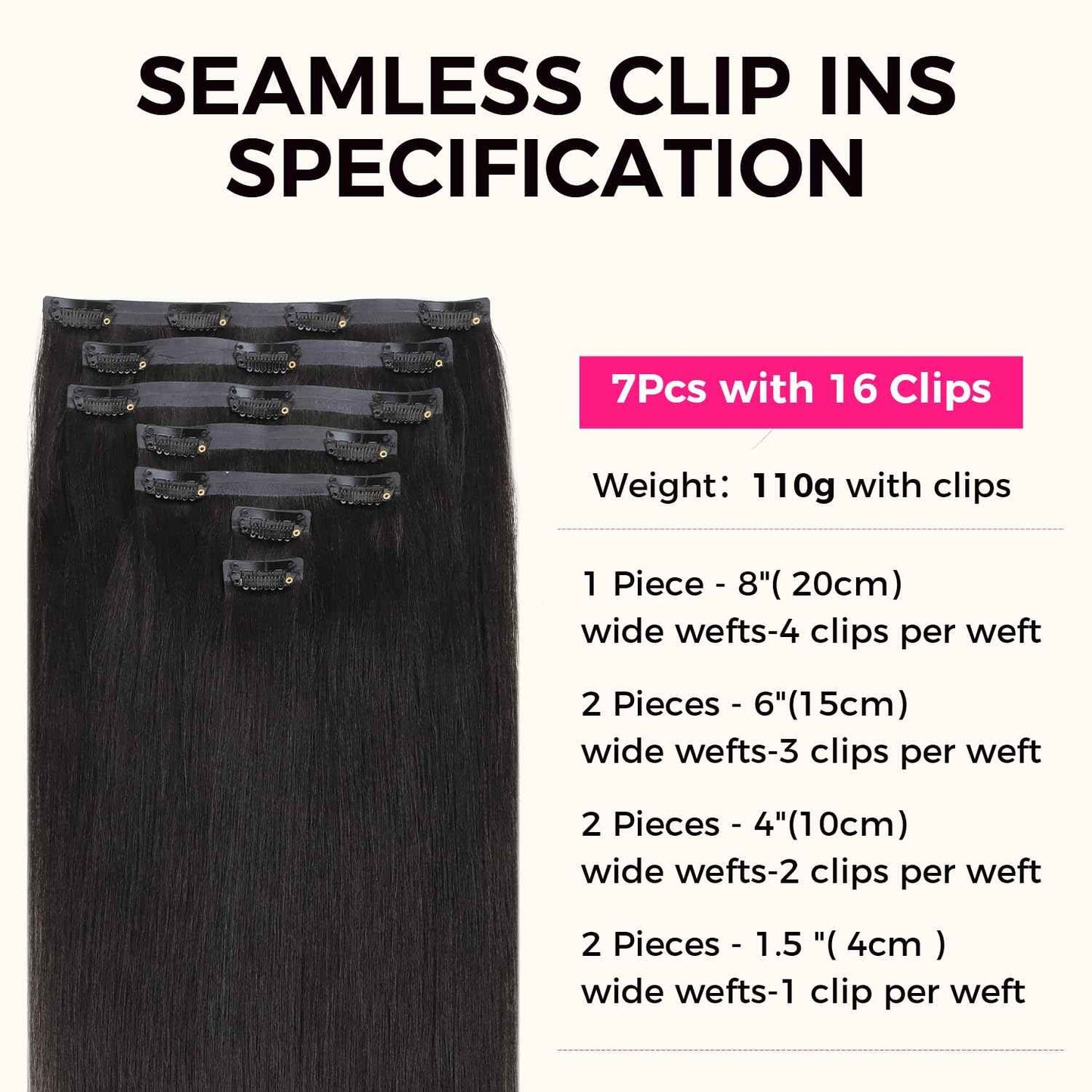 Lashey Seamless Clip-in Hair Extensions Human Hair Light Yaki Straight 16 Inch 7pcs 110g Natural Black PU Clip-in Hair Extensions