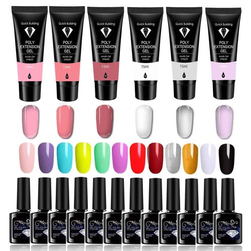 MeiBoes Gel Nail Polish Kit for Women with 6 Colors Extension Poly Nail Gel set, 48W UV Lamp, 12pcs nail polish set with Base Coat and Top coat,Professional Manicure Tool for Home DIY Salon
