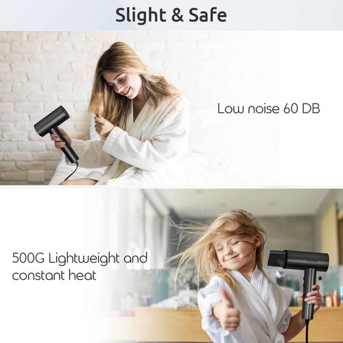 NAIFERE 1300W Hair Dryer - High-Speed Negative Ionic Blow Dryer with 2 Magnetic Nozzles, Low Noise Thermo-Control Hair Dryer for Home Travel, Dark Grey