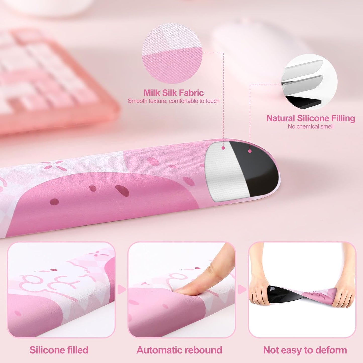 YUNZII Keyboard Wrist Support, Ergonomic Mouse Support for Typing Pain Relief, Slip Resistant PU Base, Cute Wrist Rest for Office Gaming Computer (Cat)