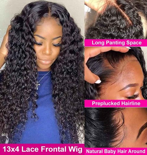 Jewhaut 28 Inch Lace Front Human Hair Wig, Deep Wave, 180% Density, Glueless, Natural, Curly, Black, Medium Cap Size, Full Coverage, Clips/Combs Attachment