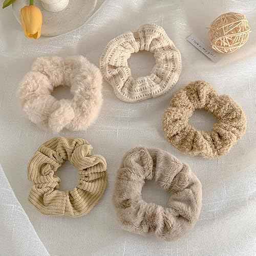 5 PCS Furry Scrunchies -Elastic Hair Scrunchies Fur Hair Ties Ponytail Holder Hair Bands Fuzzy Hair Accessories for Women and Girls(Khaki)