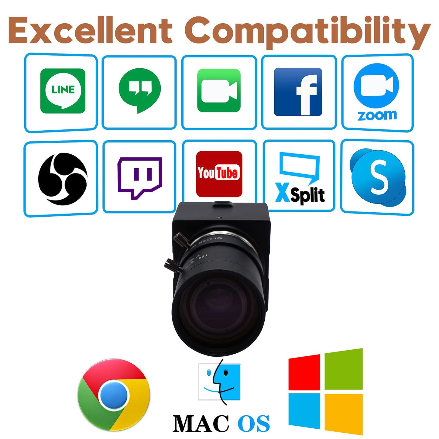 5mp USB Camera with Zoom 5-50mm Lens Webcam Variable Focus PC Camera Mini UVC USB2.0 USB with Camera for Computer Manual Zoom Close-up Camera Industrial Varifocal Web Camera for Raspberry Pi Laptop