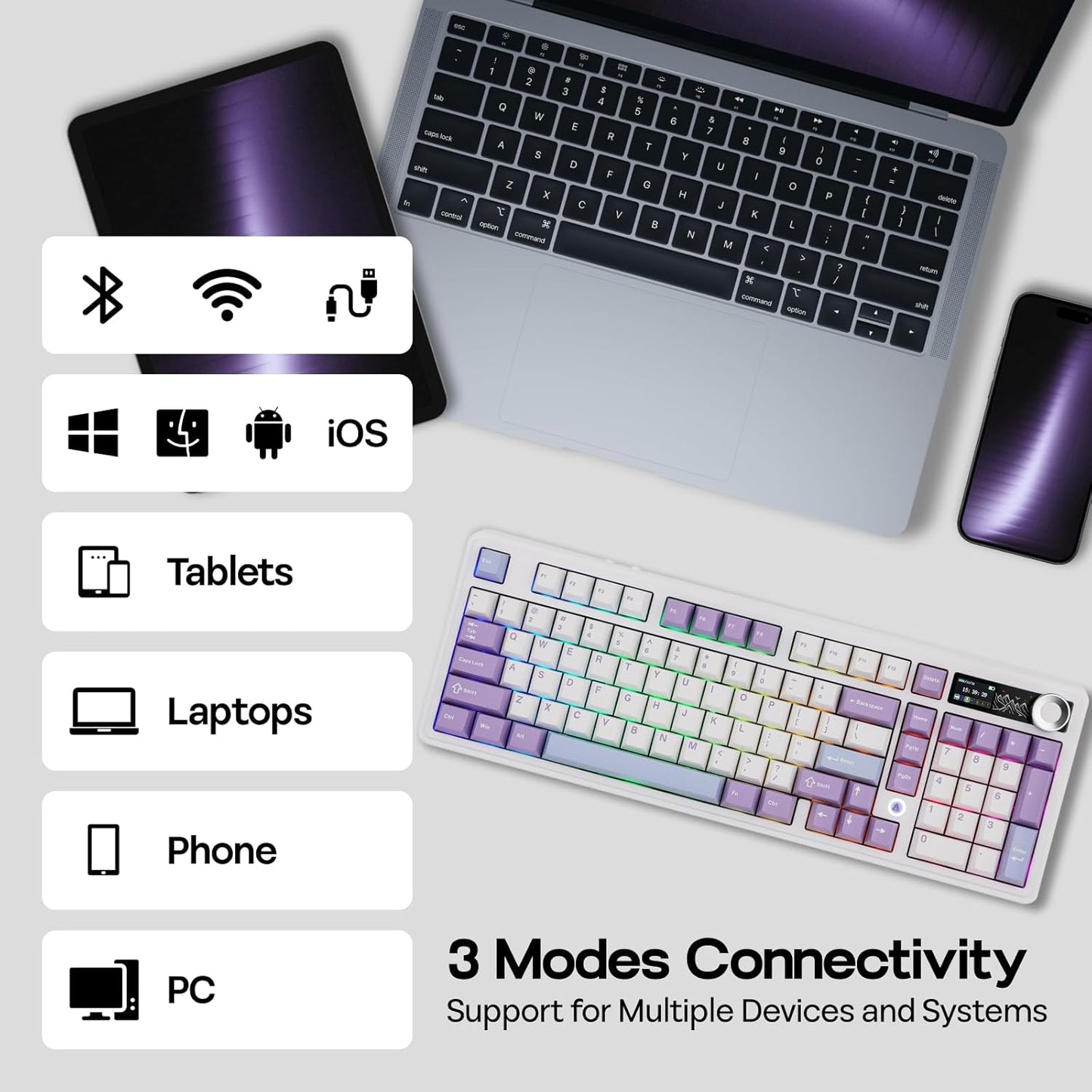 AJAZZ AK980 96% USB-C/BT5.0/2.4GHz Wireless Gaming Keyboard with 1.14’’ TFT Screen, Hot Swappable Creamy Mechanical Keyboard with FR4 Plate, Knob, RGB for Win/Mac (White, Gift V2 Switch)