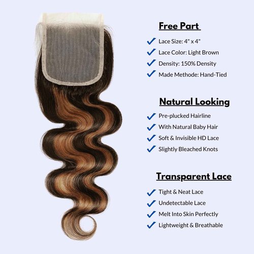 MOMOSHERO Brown Highlight 3 Bundles with 4x4 Closure Human Hair Body Wave HD Lace Free Part, Fb30 Soft and Glossy 12A Balayage #1b/30 Black and Brown Bundles and Closure 100% Remy Hair 10 12 14+10 In