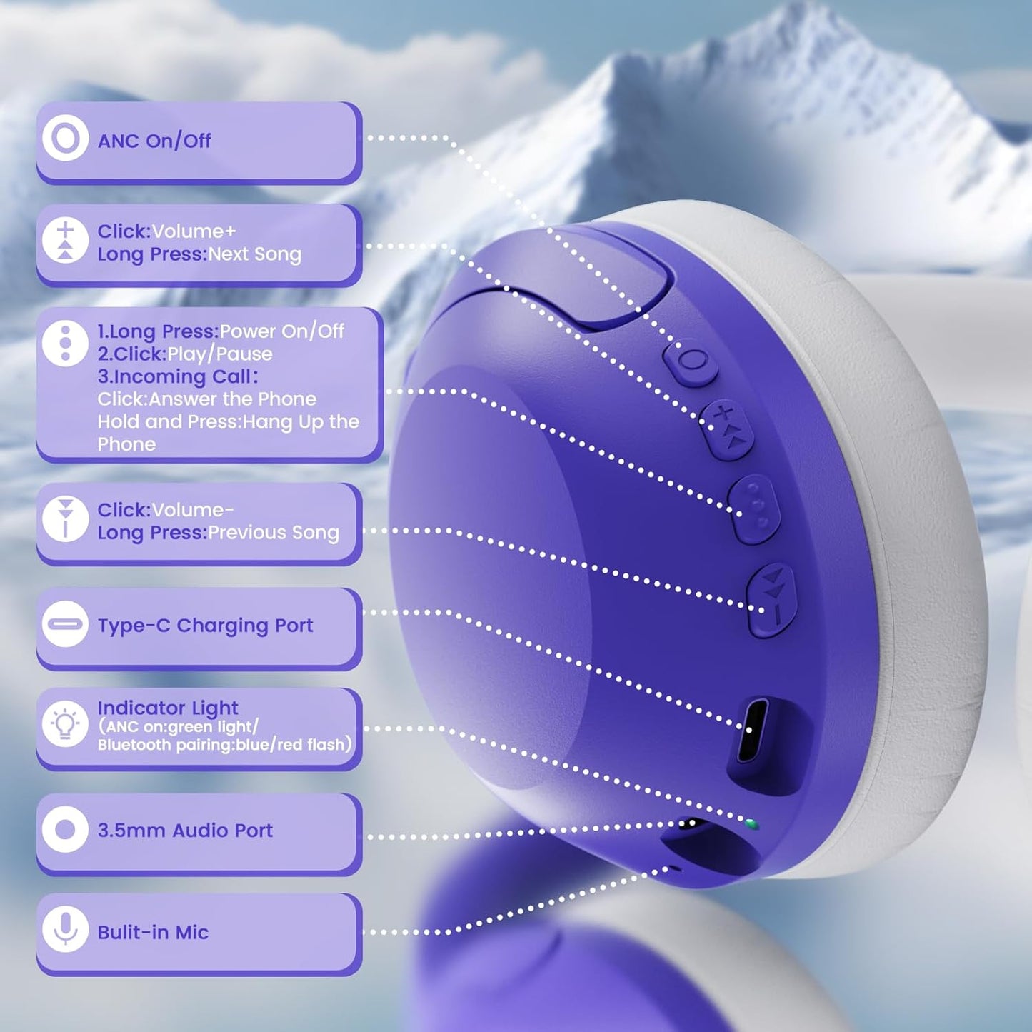 ATTACK SHARK G300 Active Noise Cancelling Wireless Headphones, Ultra Light Foldable Over-Ear Wired/Bluetooth Headset, 20H Playtime, Built-in Mic Hands Free Talking for Travel, Office, Home - Purple