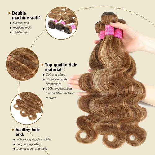 Ombre Human Hair 3 Bundles 14 16 18 Inch Ombre Highligh Body Wave Human Hair Bundles Brown 12A 100% Unprocessed Brazilian Virgin Remy Hair Bundle Double Weft Hair Extensions for Black Women