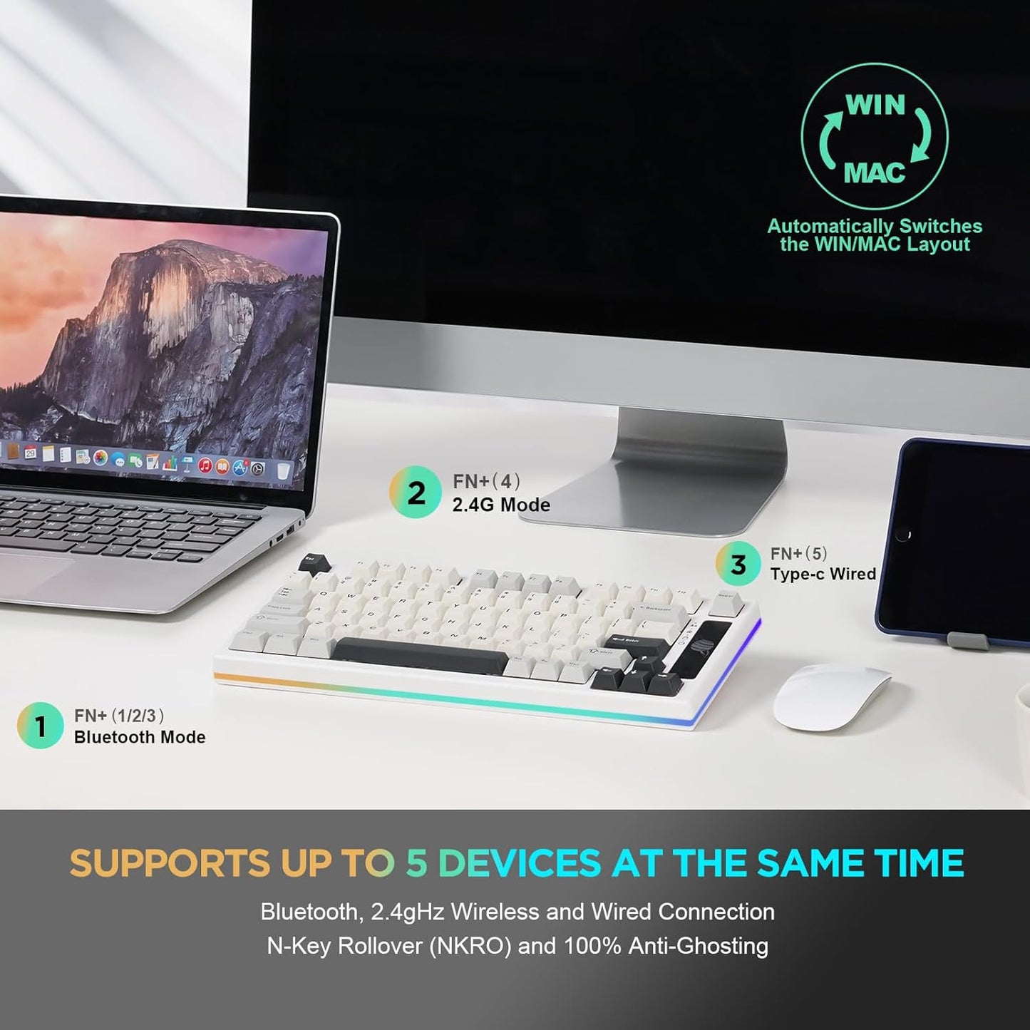 YUNZII YZ75 75% Hot Swappable Wireless Gaming Mechanical Keyboard, RGB Backlights, BT5.0/2.4G/USB-C, Dye Sub PBT Keycaps for Linux/Win/Mac(Gateron G Pro Black, White)
