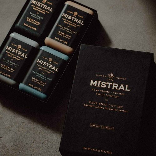 Mistral Men’s Luxury Bar Soap for Men | Gift Set (4 x 8.8 oz) – Grey Lavande, Cedarwood Marine, Teak Wood, Black Amber | Moisturizing, Triple-Milled Natural Soap for Men - Made in France
