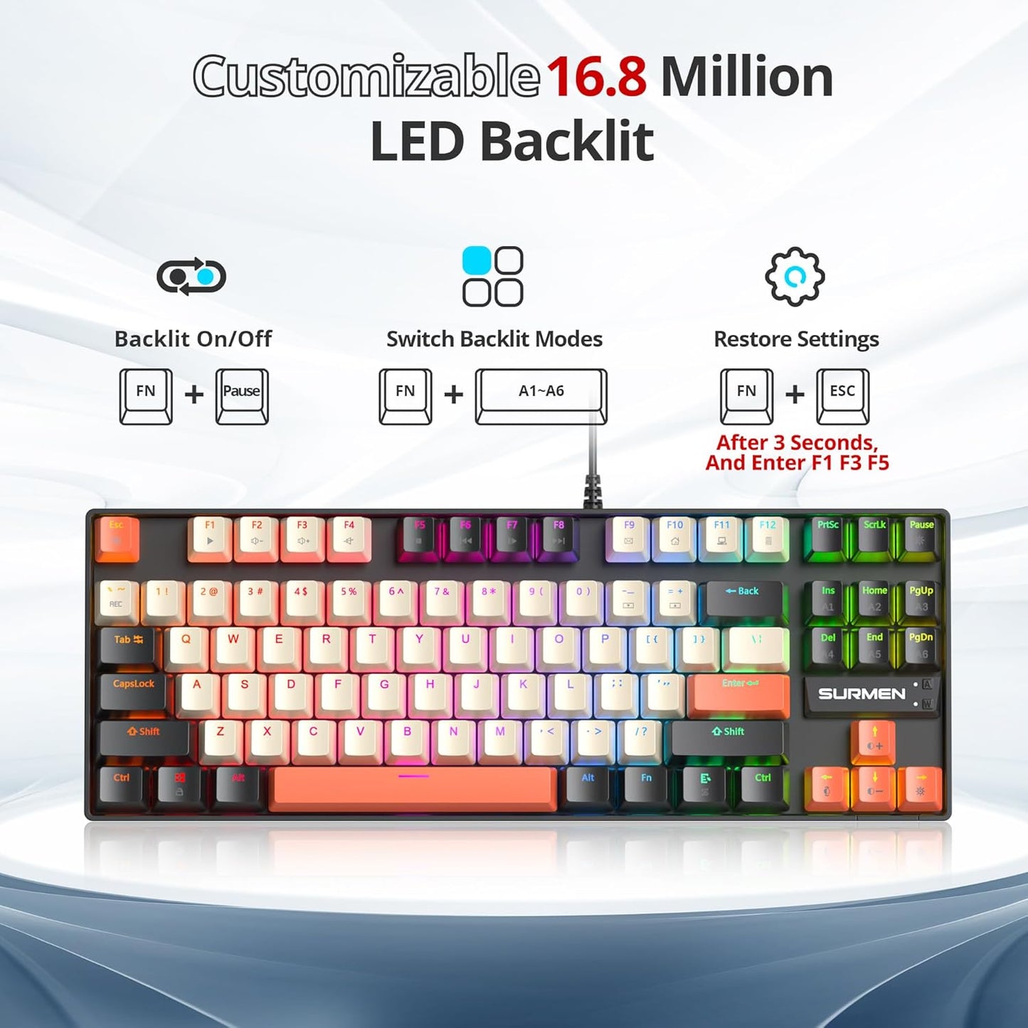 75% Mechanical Gaming Keyboard, 87 Keys Compact TKL Wired Linear Red Switches Detachable USB NKRO RGB Backlight Keyboard for Win/Mac/PS4/PS5/Xbox.(Blue Samurai)