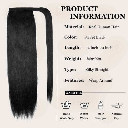 JIAMEISI Ponytail Extension Human Hair Wrap Around Clip in Hair Piece Straight Ponytail For Black Women with Magic Paste 90G(20 inch, Black #1)